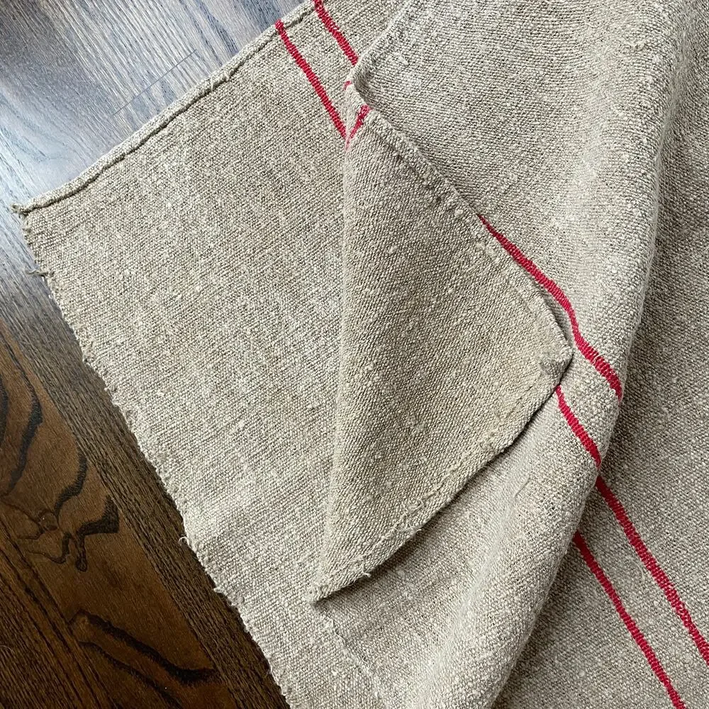 Stunning Red Tan Organic Fabric Hemp Antique French Grainsack Linen